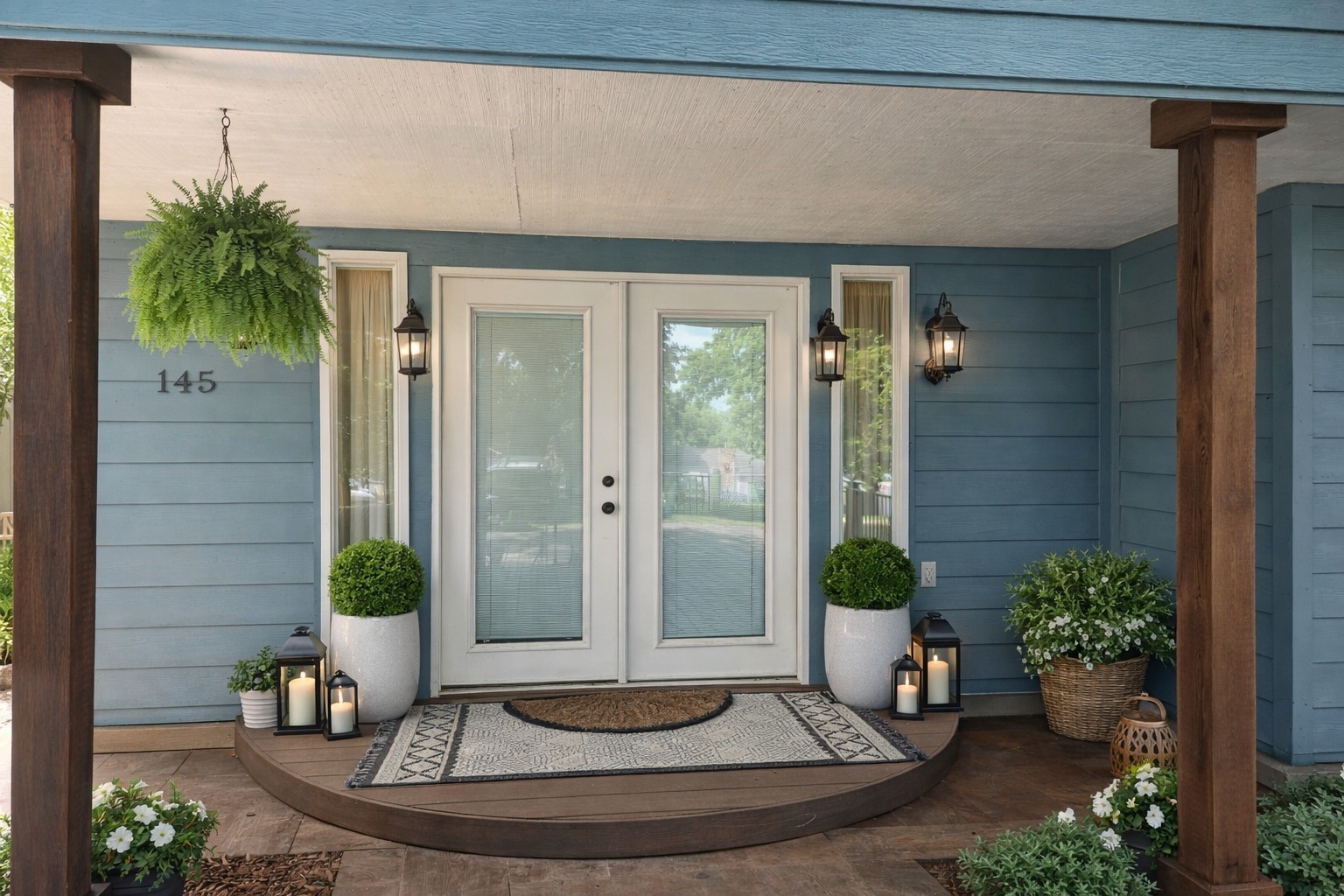 145 Cypress Road Livingston, TX 77351 - Photo 10 of 16 Welcoming front porch with blue siding, featuring double glass doors and sidelights. The entry is flanked by two outdoor lanterns and supported by wooden columns, creating a warm and inviting entrance.