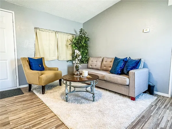 a living room with furniture and a rug