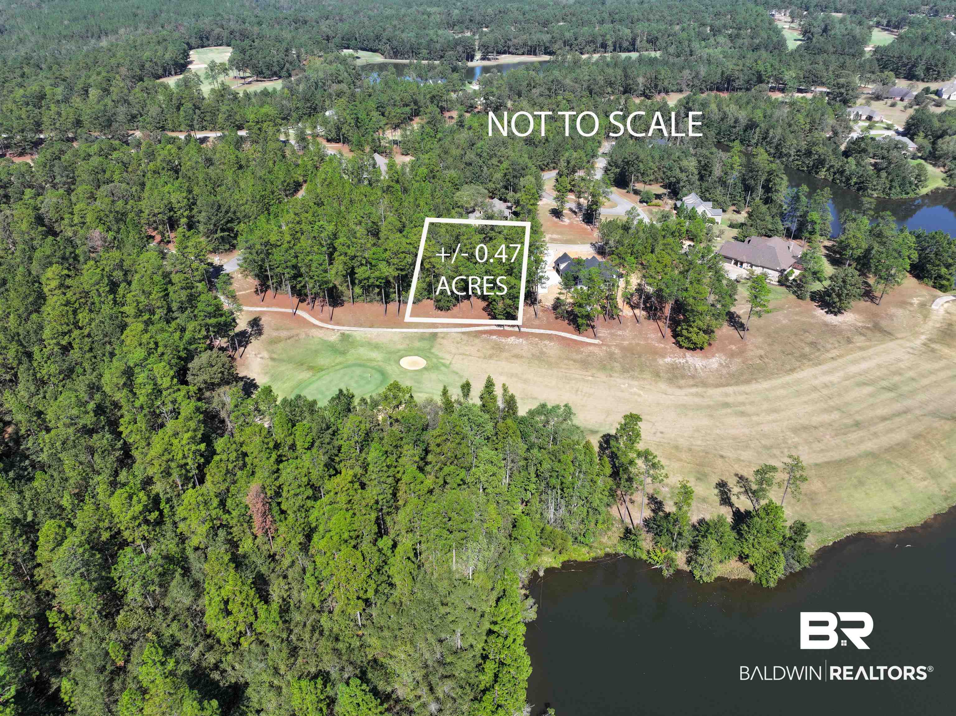 0 Lake Juniper Road Brewton, AL 36426 - Photo 2 of 2 Aerial view of property and surrounding area with property boundaries highlighted and a forest