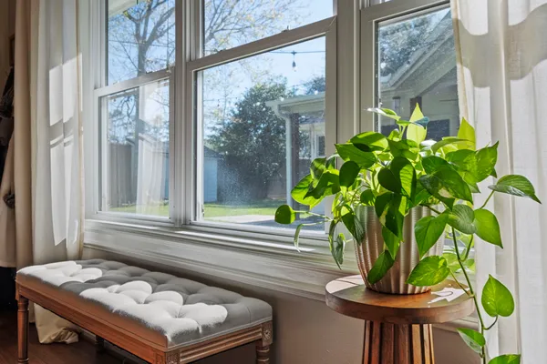 a dining room with window