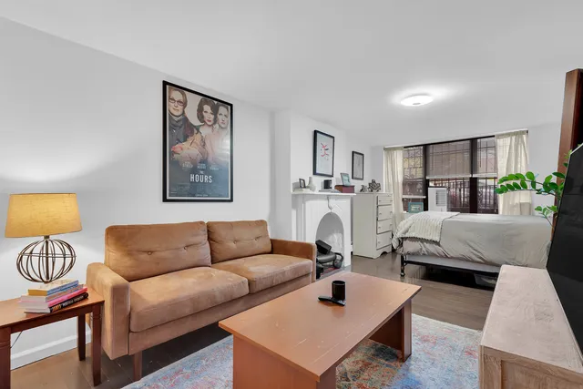 a living room with furniture potted plant and a window