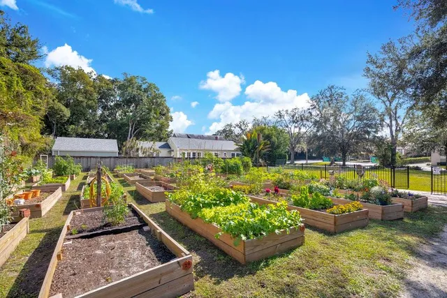 an outdoor space with seating