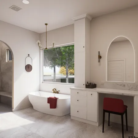 a spacious bathroom with a double vanity sink a mirror a window and a bathtub
