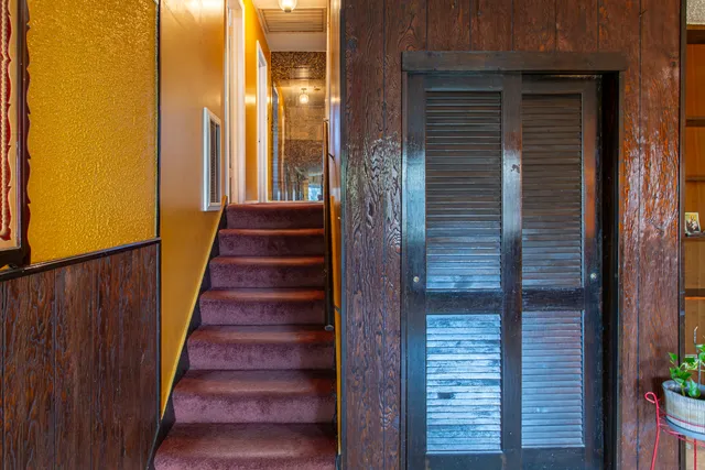 a view of a balcony with a door