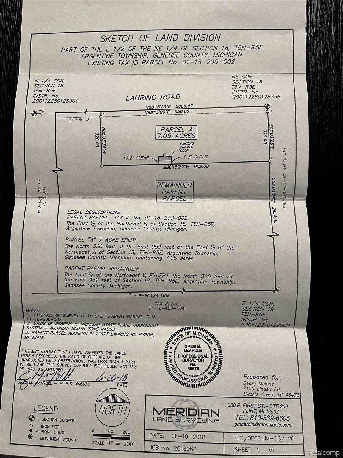 12073 Lahring Road Byron, MI 48418 - Photo 32 of 36 Sketch of Land Division. Outlining the division of a specific parcel, including legal descriptions and survey details for the property