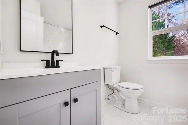 a bathroom with a sink a toilet and mirror