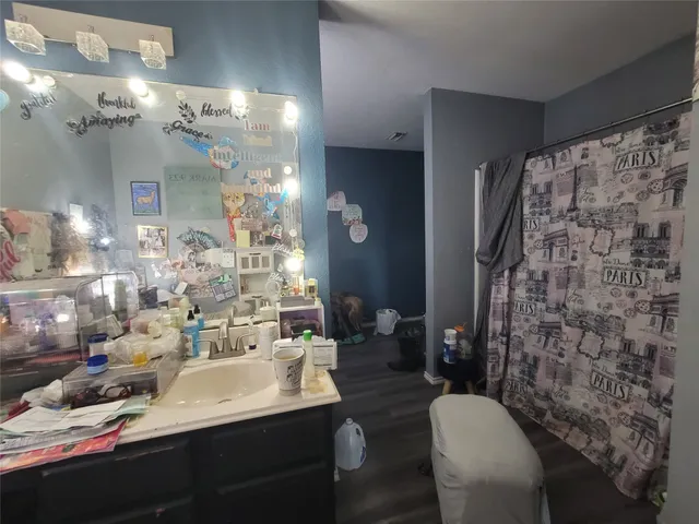 a bathroom with a sink double vanity and a mirror