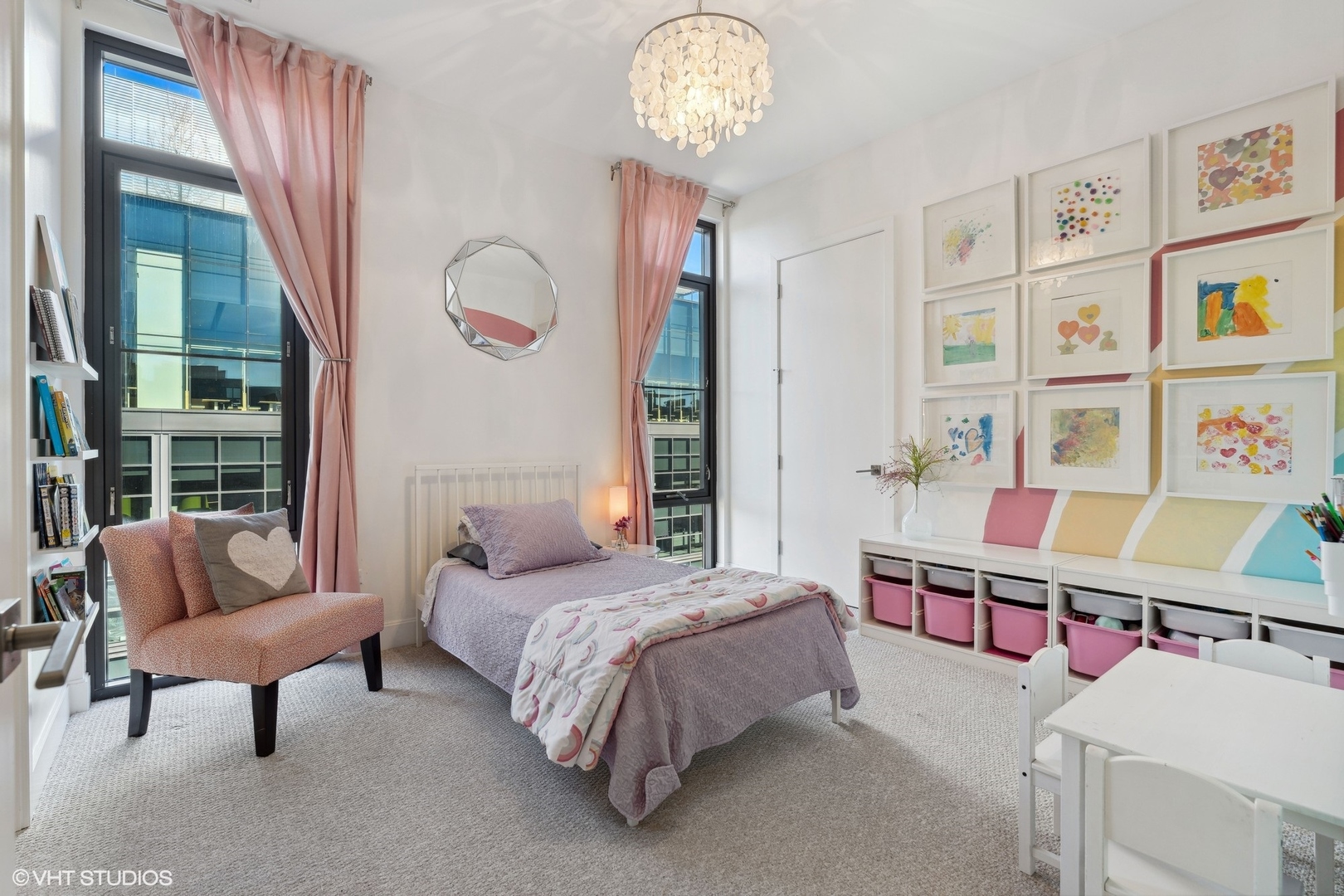 39 North Aberdeen Street, Unit PHN Chicago, IL 60607 - Photo 26 of 46 a spacious bedroom with a bed and a chandelier