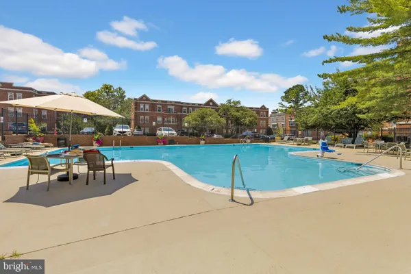 a view of a swimming pool and lounge chairs