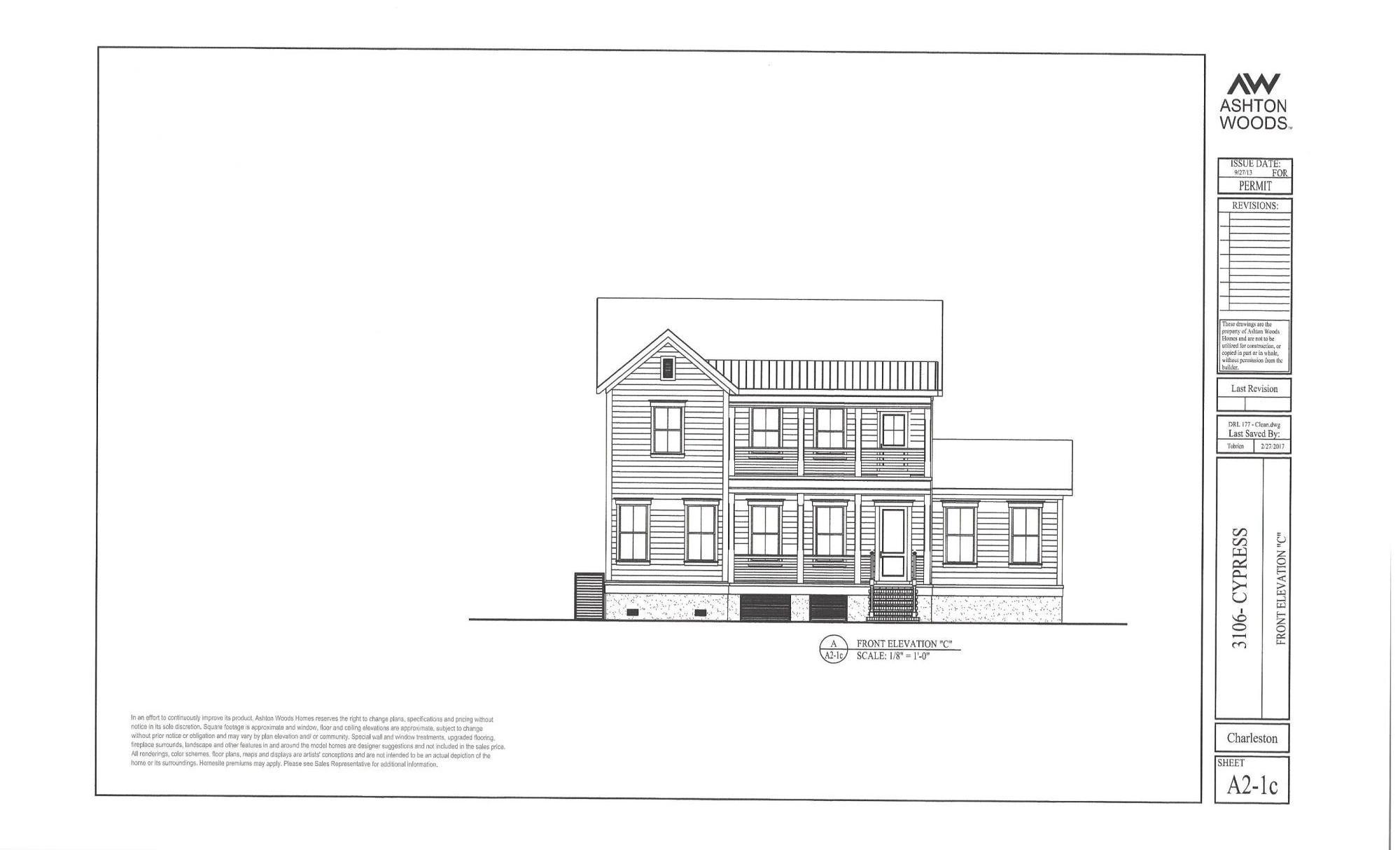 433 Woodspring Road Mount Pleasant, SC 29466 - Photo 2 of 5 Front Elevation Lot 177