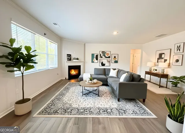 a living room with furniture potted plant and a window