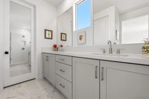 a bathroom with a shower sink and mirror