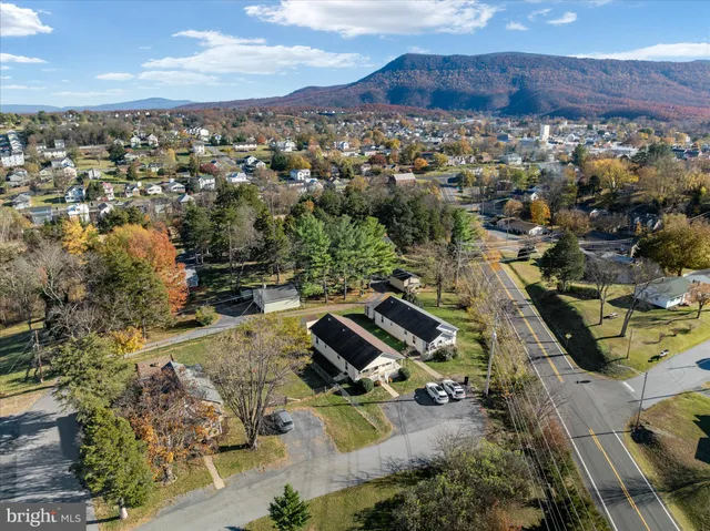an aerial view of a house with a mountain