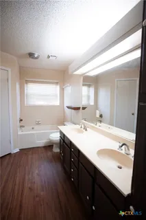 a bathroom with a double vanity sink a mirror and a bathtub
