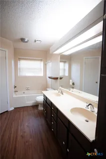 a bathroom with a double vanity sink a mirror and a bathtub