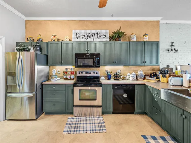 a living room with furniture and a clock