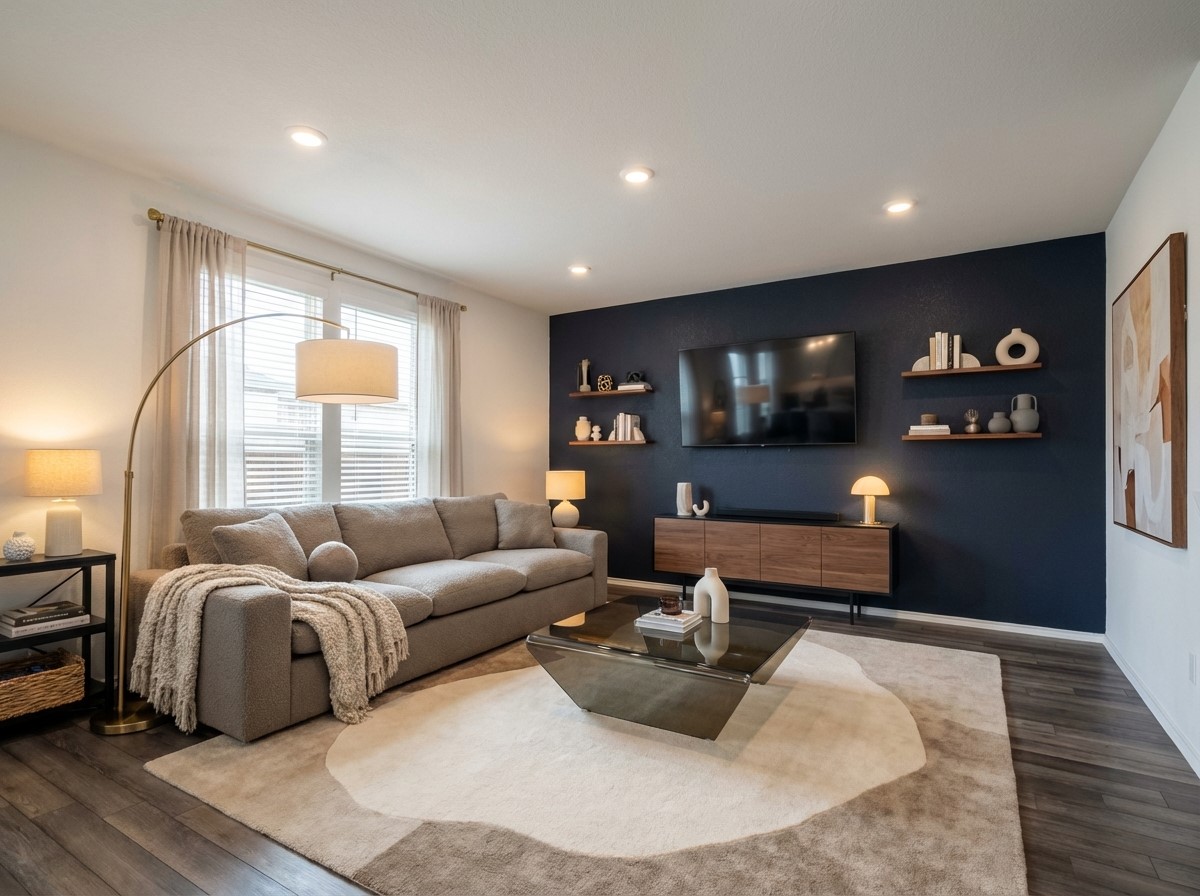Living room with dark wood-style floors and recessed lighting- AI staged
