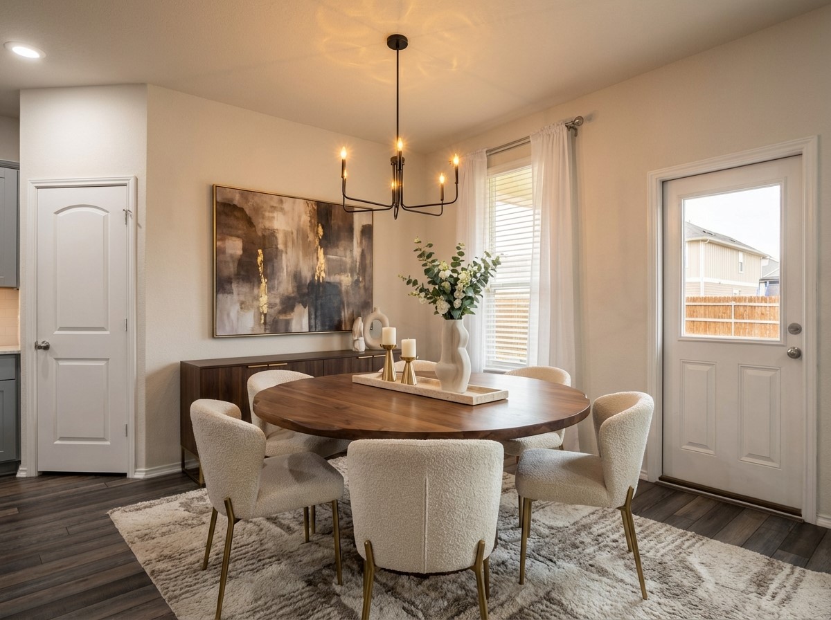 145 Fiery Skipper Lane Georgetown, TX 78626 - Photo 7 of 29 a dining room with furniture a chandelier and wooden floor