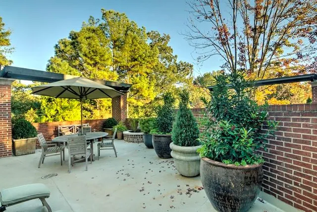 a view of a patio with chairs and potted plants