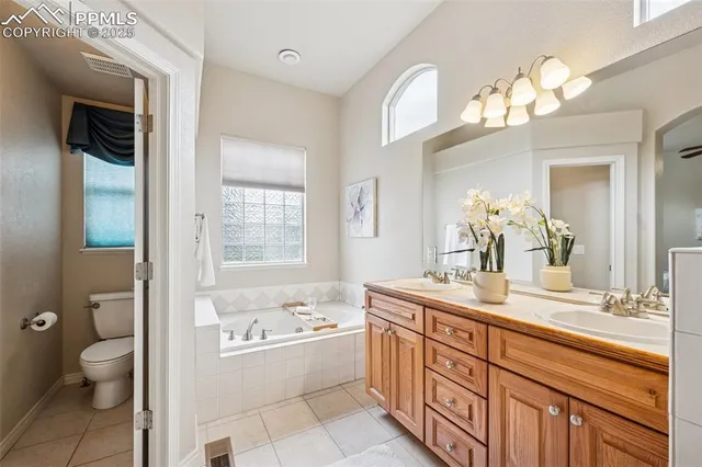 a bathroom with a granite countertop sink a toilet and a bathtub