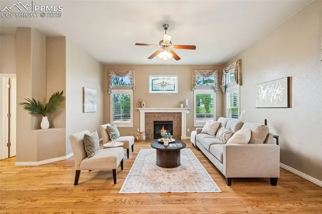 a living room with furniture and a fireplace