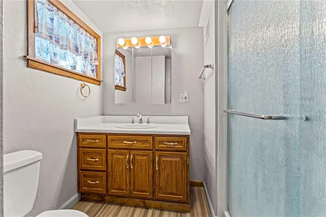 a bathroom with a sink a toilet and a mirror