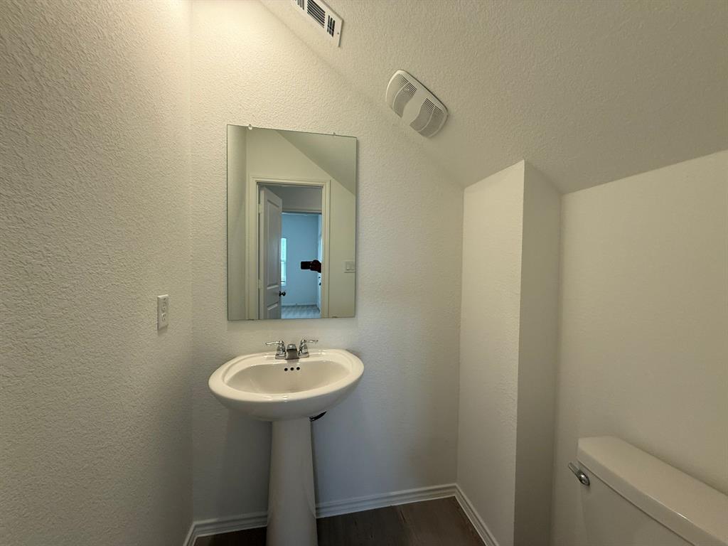 106 Brabham Loop Hutto, TX 78634 - Photo 22 of 40 Pedestal sink with chrome fixtures, rectangular mirror, wood-finish flooring, and white walls