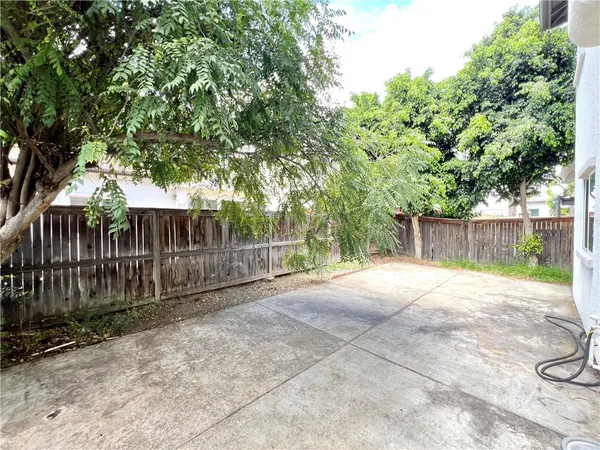 a view of a backyard with wooden fence and a large tree