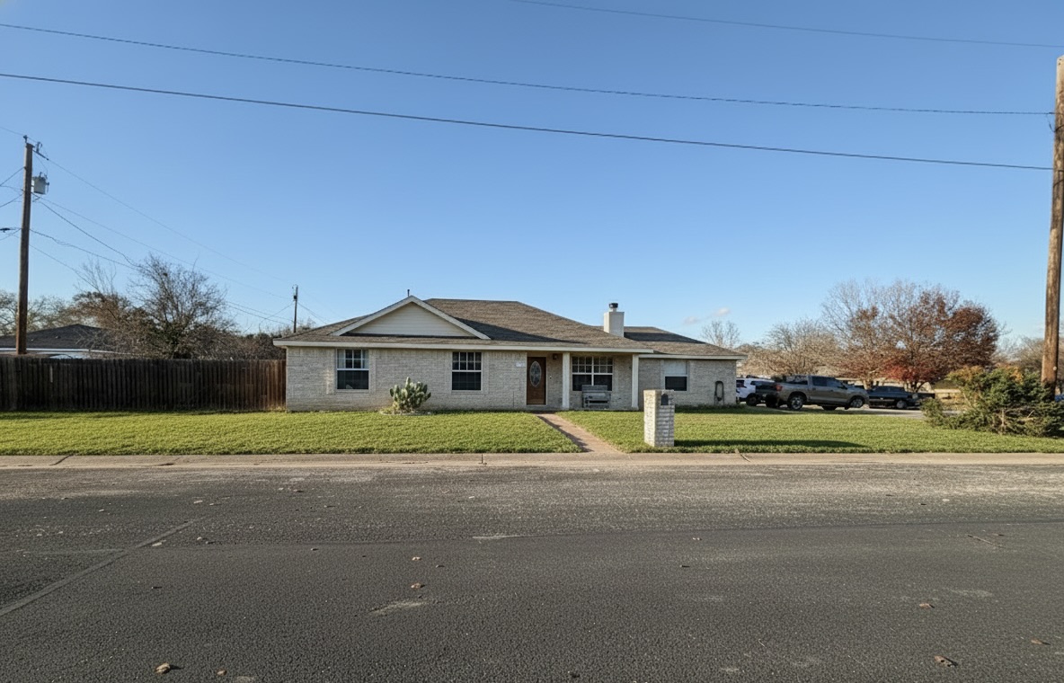 Ranch-style house with a chimney and brick siding