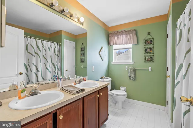 a bathroom with a double vanity sink toilet and a mirror