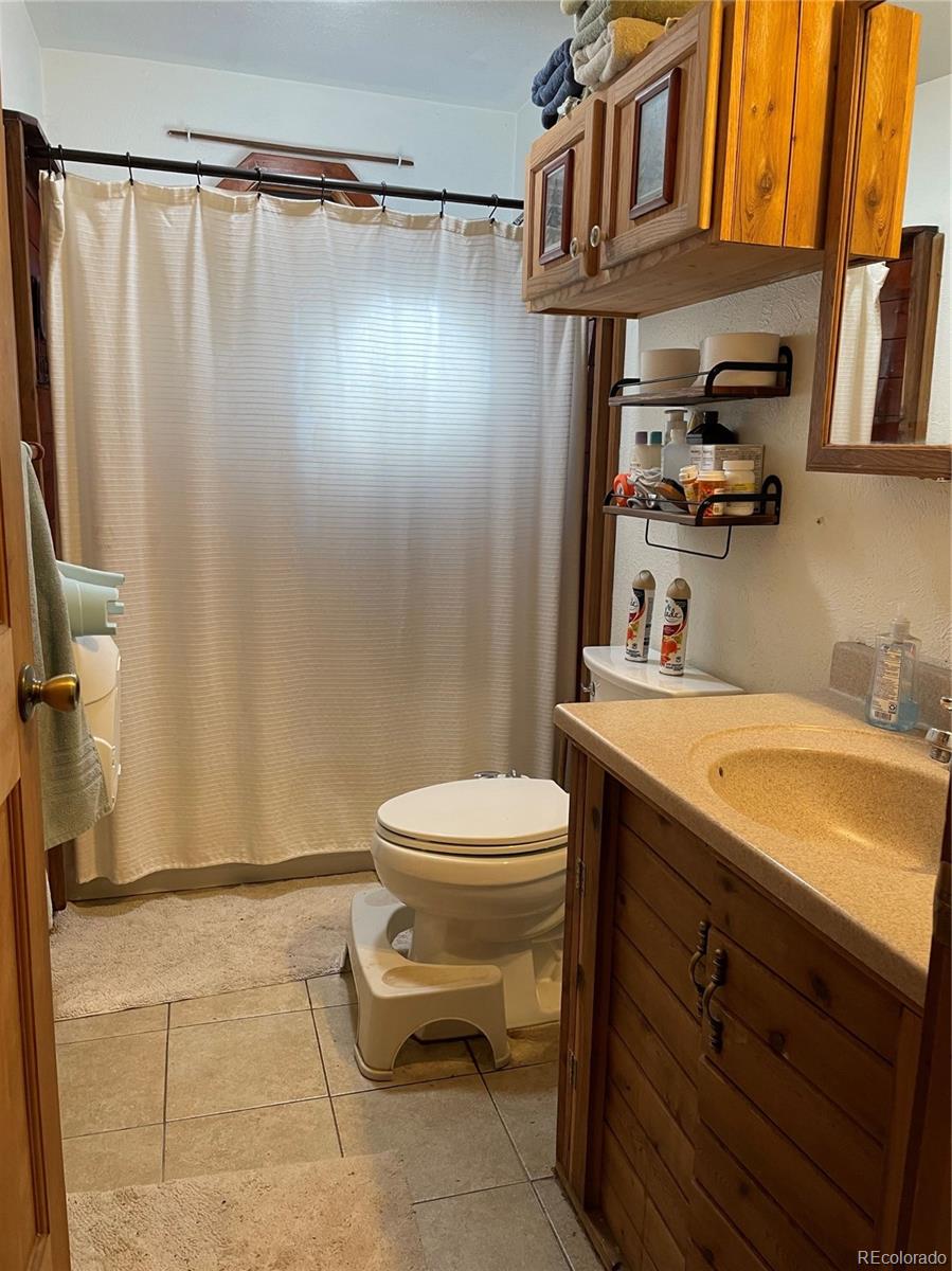 69 County Road 114 Bailey, CO 80421 - Photo 10 of 34 a bathroom with a granite countertop sink toilet and a mirror