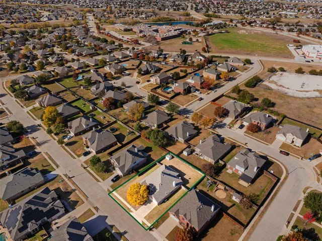 an aerial view of a swimming pool