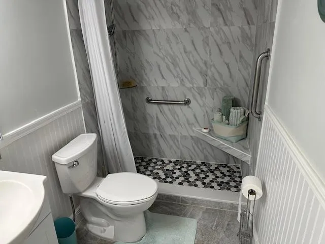 a bathroom with a toilet and a shower
