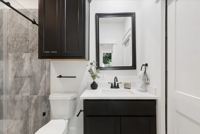 a bathroom with a sink vanity and toilet