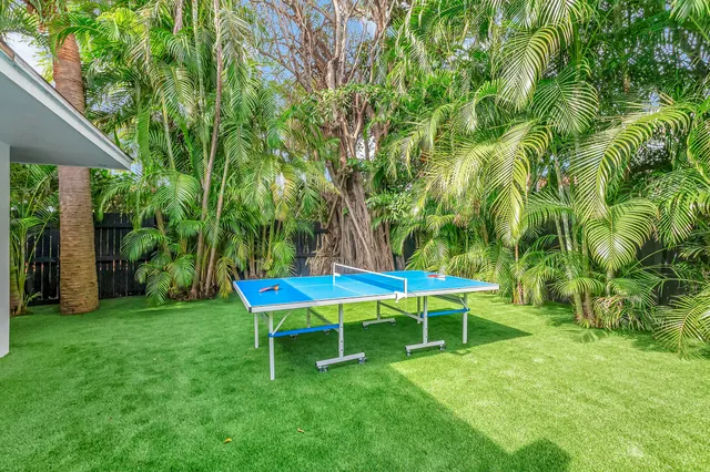 a backyard of a house with table and chairs