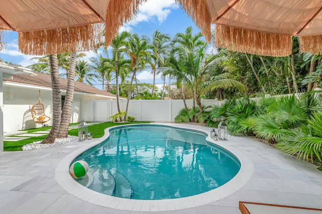 a view of a swimming pool with a yard