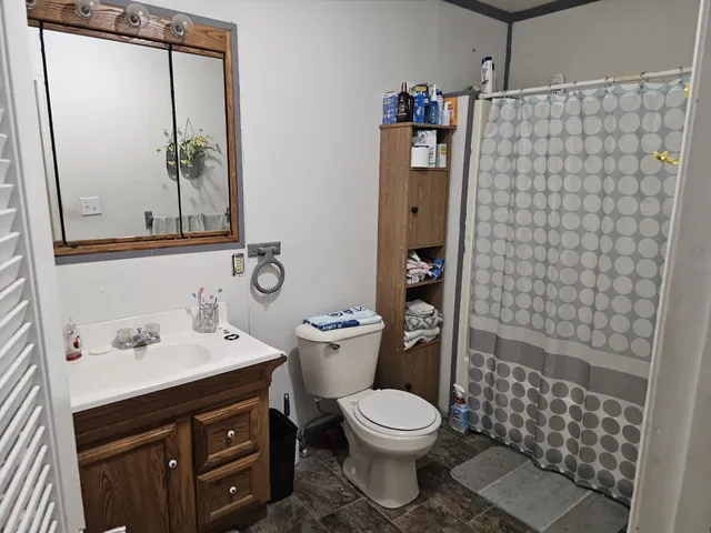 a bathroom with a sink a toilet and shower