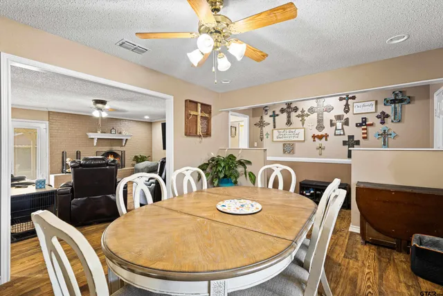 a view of a dining room with furniture