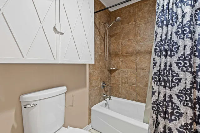 a bathroom with a bathtub and a toilet