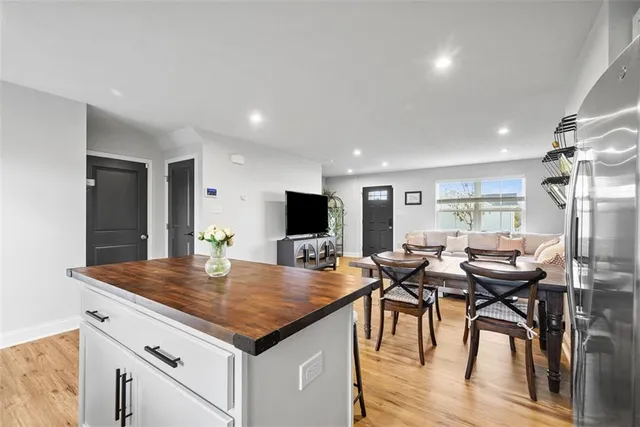 a view of a dining room with furniture