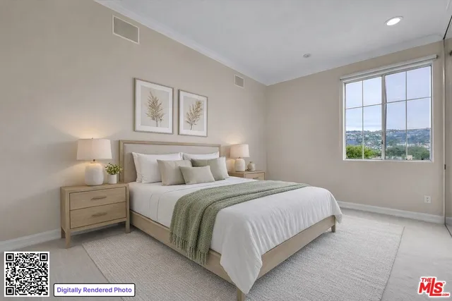 a bedroom with a bed lamp and a window