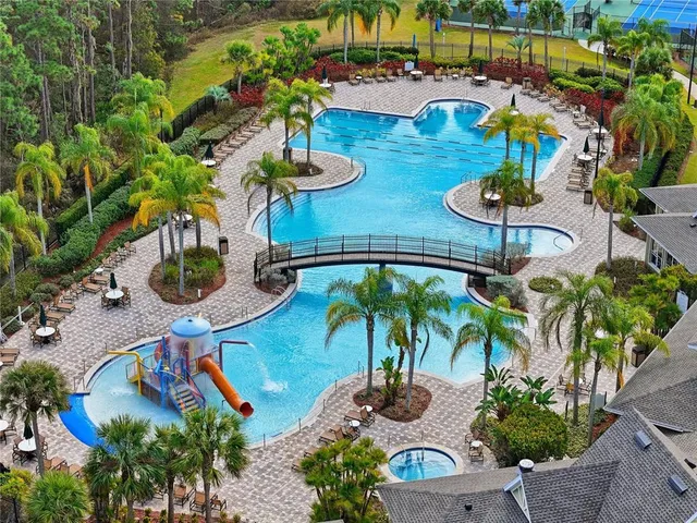 an outdoor space with furniture