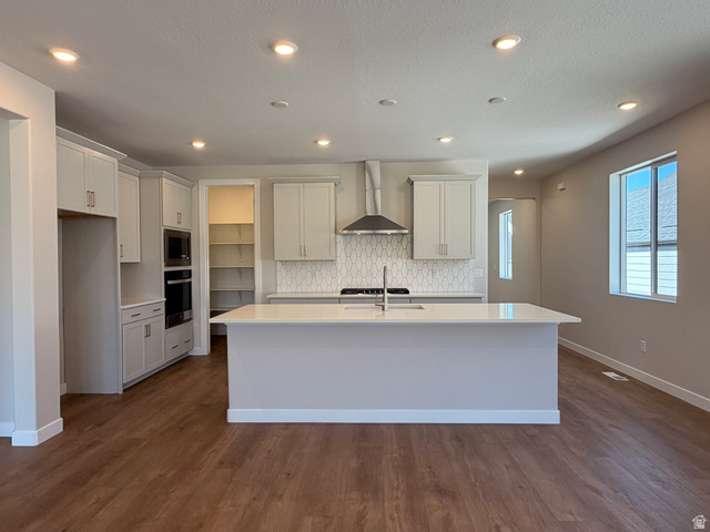 539 East Rimrock Lane Heber City, UT 84032 - Photo 5 of 13 Modern kitchen featuring a central island with an undermount sink, light-toned cabinetry with contemporary hardware, and wood-finish flooring