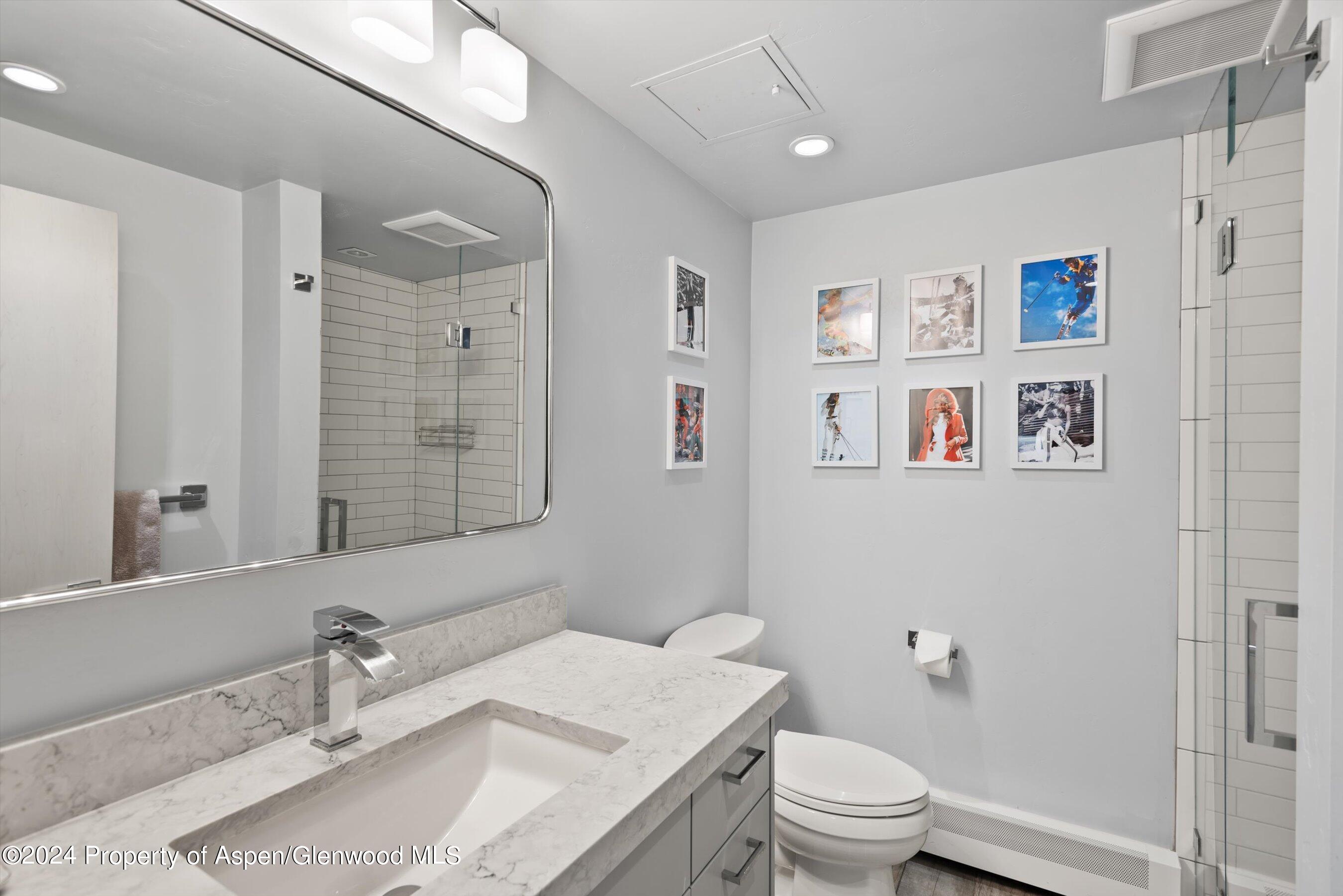 800 South Mill Street, Unit 102C Aspen, CO 81611 - Photo 14 of 23 a bathroom with a sink vanity granite toilet and a mirror