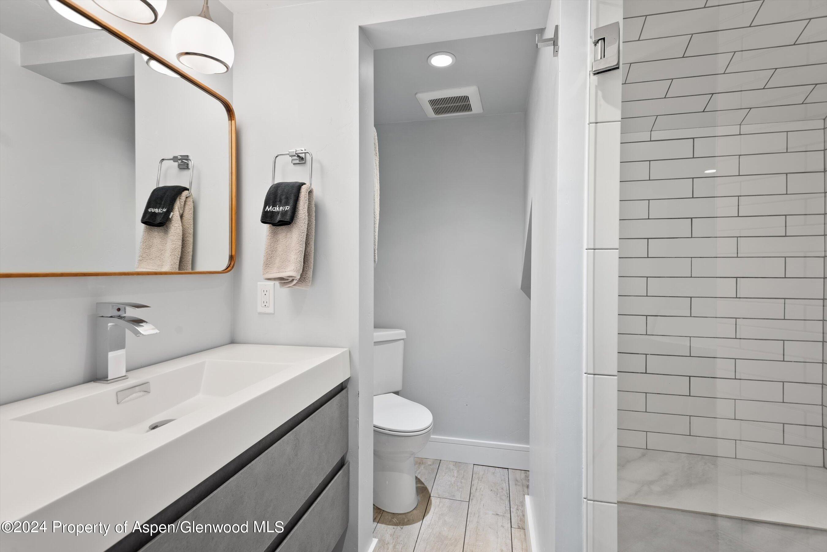 800 South Mill Street, Unit 102C Aspen, CO 81611 - Photo 20 of 23 a bathroom with a double vanity sink toilet and shower