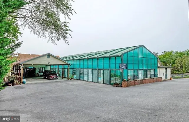 a view of a house with a yard and potted plants