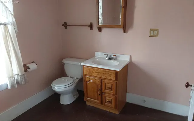 a bathroom with a sink a toilet and mirror