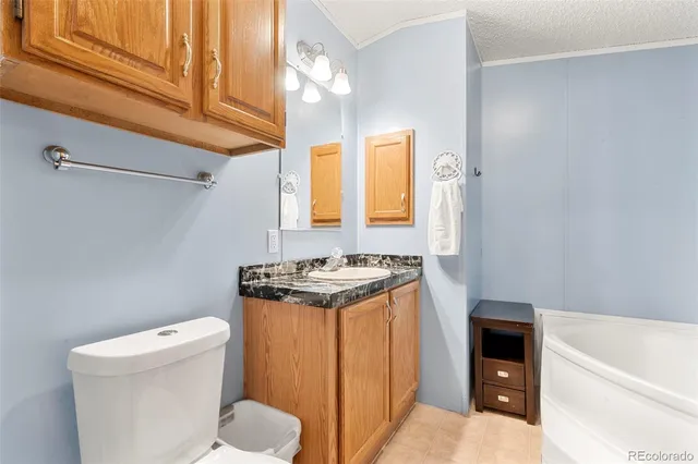 a bathroom with a granite countertop sink and a bathtub