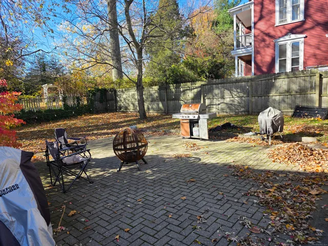 an outdoor space with seating