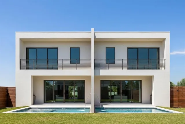 a view of a white building with front door